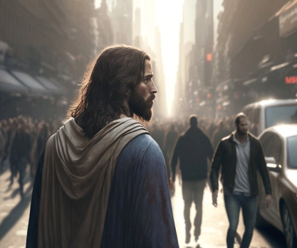 Jesus ist in einer modernen Großstadt zu sehen.