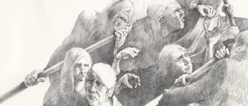 Zeichnung von alten Menschen, in eine richtung laufend, leidend, sich mit Stäben stützend