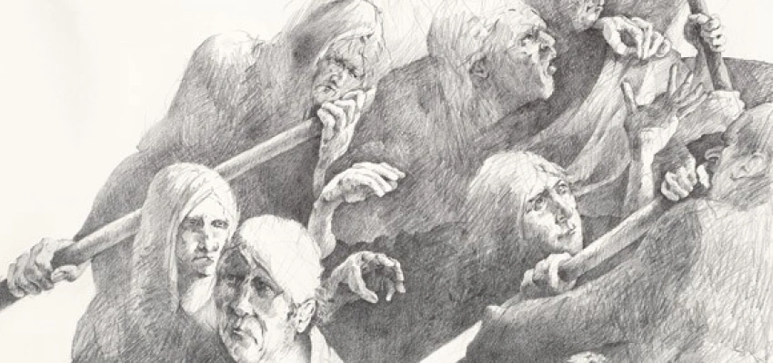 Zeichnung von alten Menschen, in eine richtung laufend, leidend, sich mit Stäben stützend