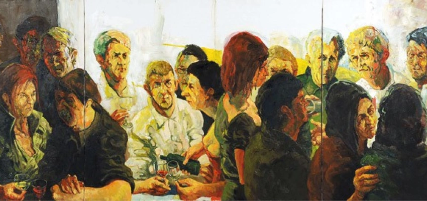 Gemälde von vielen Mensch die gemeinsam trinken, essen und sich unterhalten.