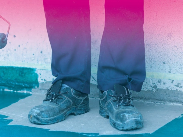 Schuhe eines Malers vor einer Wand