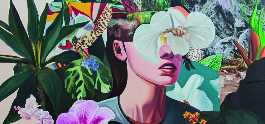 Wenn ihr uns so fragt. Illustration einer Frau umgeben von abstrakter Natur. Die obere hälfte ihres Kopfes ist von dieser Natur bedeckt.