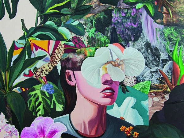 Wenn ihr uns so fragt. Illustration einer Frau umgeben von abstrakter Natur. Die obere hälfte ihres Kopfes ist von dieser Natur bedeckt.