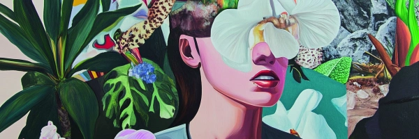Wenn ihr uns so fragt. Illustration einer Frau umgeben von abstrakter Natur. Die obere hälfte ihres Kopfes ist von dieser Natur bedeckt.