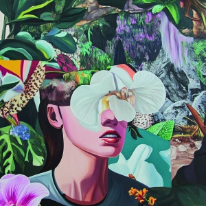 Wenn ihr uns so fragt. Illustration einer Frau umgeben von abstrakter Natur. Die obere hälfte ihres Kopfes ist von dieser Natur bedeckt.