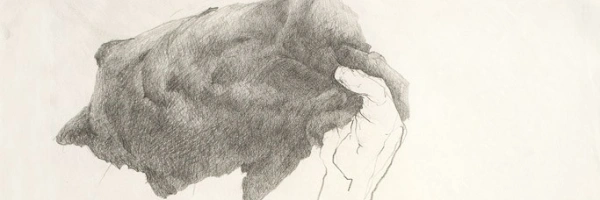 Schwarz-Weis Zeichnung mit einer Hand, welche ein dunkles Tuch.