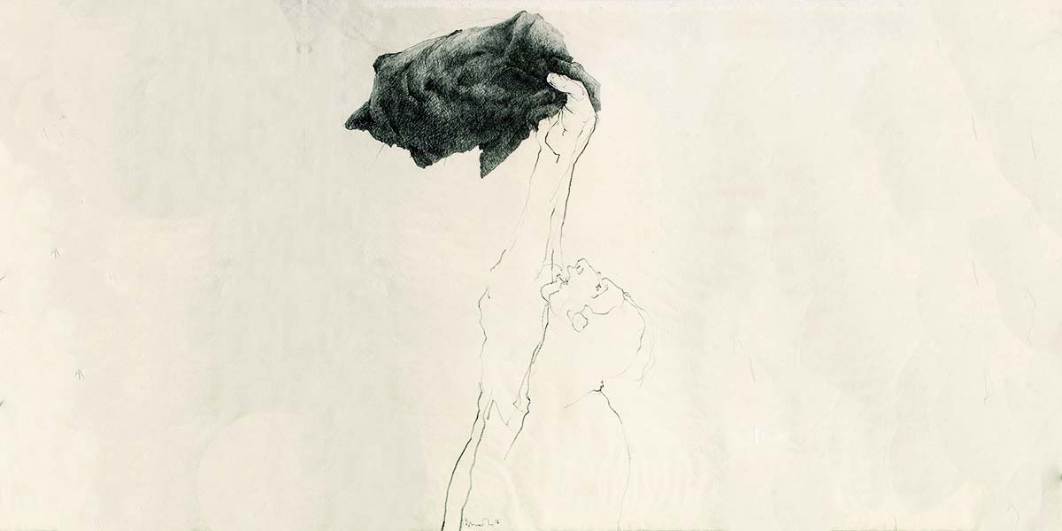 Single: Zeichnung von Bruno Ritter©. Mann streckt den Arm mit Tuch in den Himmel.