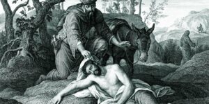 Zeichnung des barmherzigen Samariters, mit Esel, der einem Mann am Boden hilft.