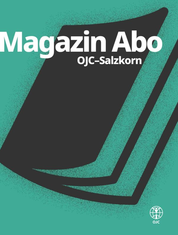 Salzkorn – ABO. Grünes Plakatbanner mit Magazinsymbol